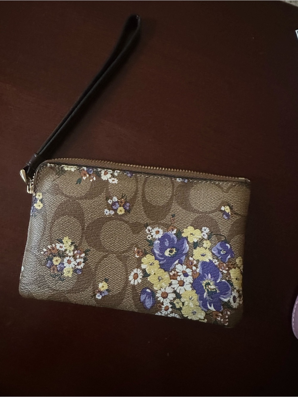 Coach Brown Floral Canvas Zip Pouch with Purple & Yellow Blooms - Picture 2 of 4